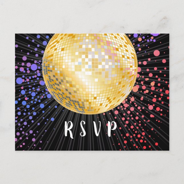 Postal De Invitación Balón disco, baile, oro Postcard RSVP (Anverso)