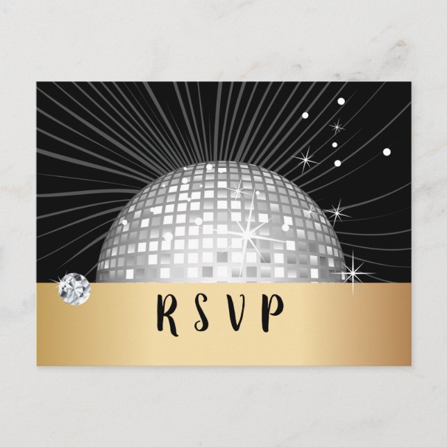 Postal De Invitación Balón disco, baile, oro Postcard RSVP (Anverso)
