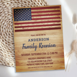 Postal De Invitación Bandera Americana Rústica Reunión Familiar Patriót