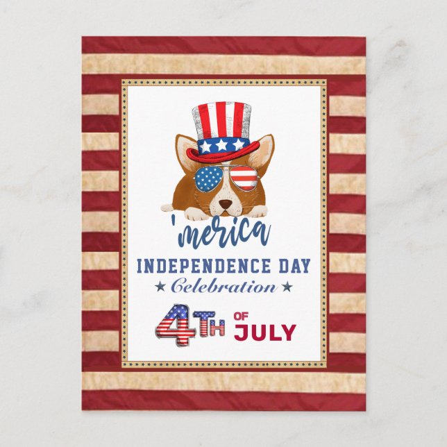 Postal De Invitación Bandera estadounidense Patriótica Corgi 4 de JULIO (Anverso)