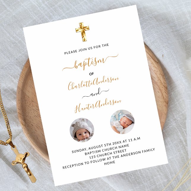 Postal De Invitación Baptism gemelos foto blanco género neutro (Subido por el creador)