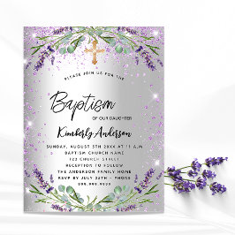 Postal De Invitación Baptism lavender plata violeta chispas elegantes
