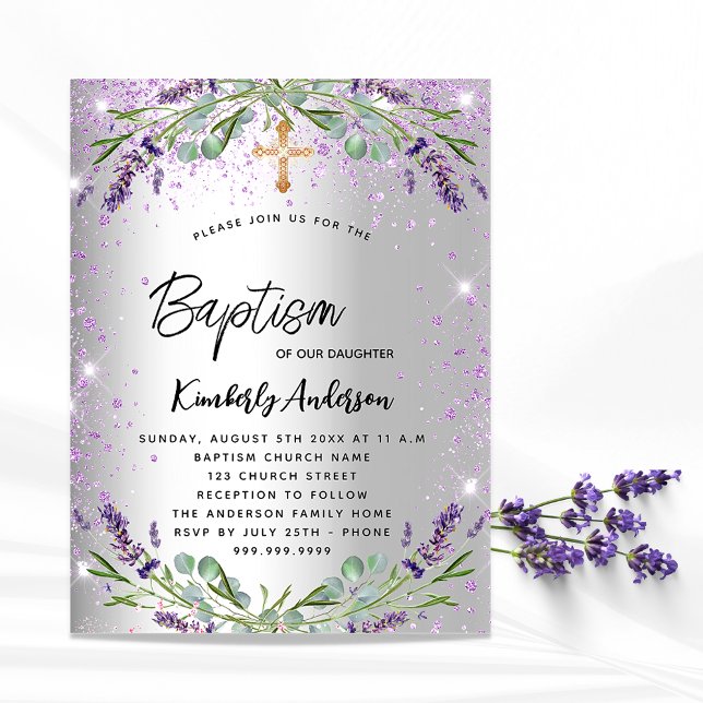 Postal De Invitación Baptism lavender plata violeta chispas elegantes (Subido por el creador)