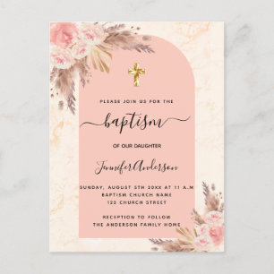 Postal De Invitación Baptism pampas pasto rosa oro rubor mármol rosa