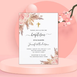 Postal De Invitación Baptismo chica pampas hierba rosa oro rubor rosa