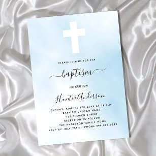 Postal De Invitación Baptismo cielos azul cruz simple