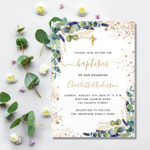 Postal De Invitación Baptismo eucalipto verde cruz de oro