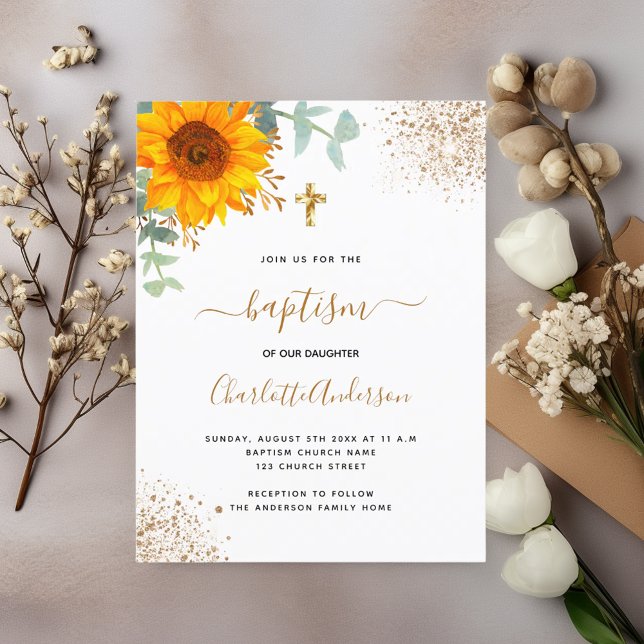 Postal De Invitación Baptismo eucalipto verde cruz de oro girasol (Subido por el creador)