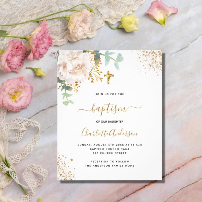 Postal De Invitación Baptismo eucalipto verde floral cruz de oro (Subido por el creador)