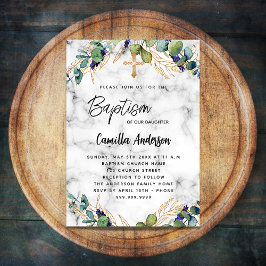 Postal De Invitación Baptismo eucalipto verde mármol dorado