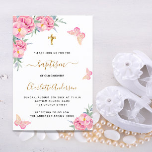 Postal De Invitación Baptismo flor rosa rubor mariposa chica