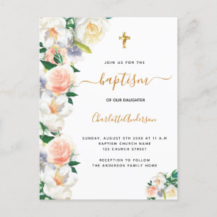 Postal De Invitación Baptismo floraciones de color agua rosa blanco ele