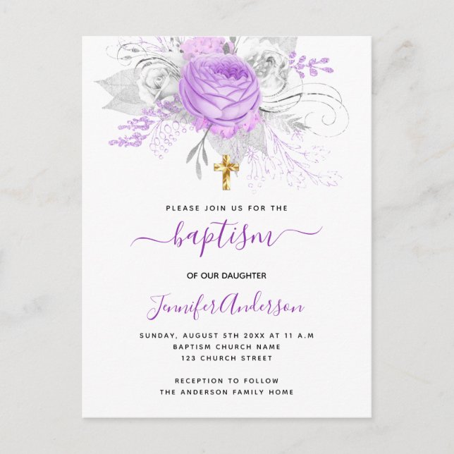 Postal De Invitación Baptismo florines púrpura chica blanco elegante (Anverso)