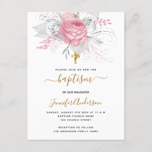 Postal De Invitación Baptismo floros rosas chica blanco elegante