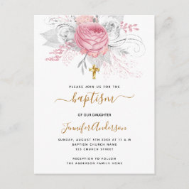 Postal De Invitación Baptismo floros rosas chica blanco elegante