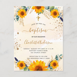 Postal De Invitación Baptismo girasoles eucalipto purpurina de oro