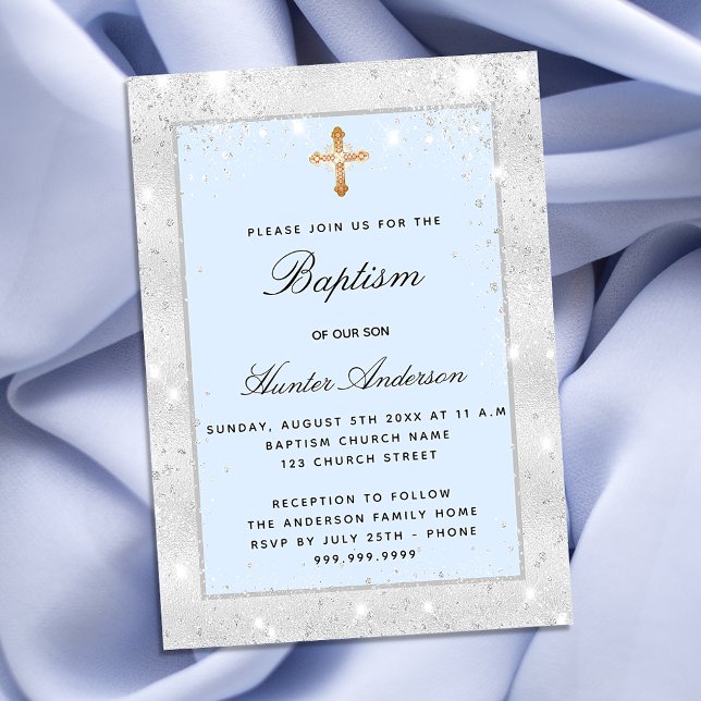 Postal De Invitación Baptismo niño azul plateado brillante guión (Subido por el creador)