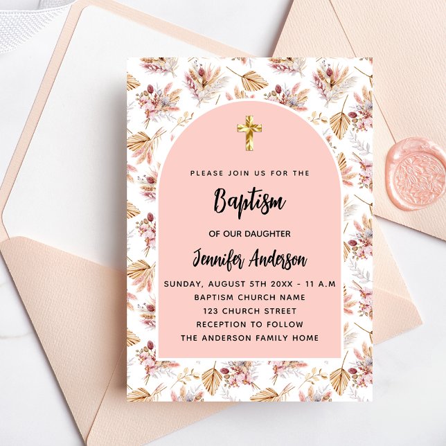 Postal De Invitación Baptismo pampas flores chica rosa rosa oro (Subido por el creador)