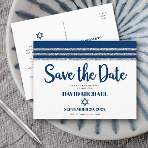 Postal De Invitación Bar Mitzvah Ahorro de Fecha Tallit Azul Marino Scr