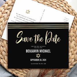 Postal De Invitación Bar Mitzvah Fecha de Guardado Oro Negro Hoja de Le