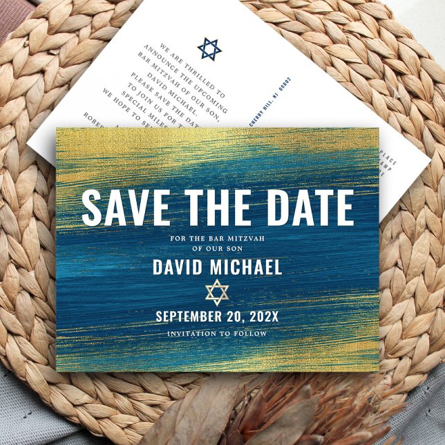 Postal De Invitación Bar Mitzvah Salvar la fecha Relieve metalizado dor (Subido por el creador)
