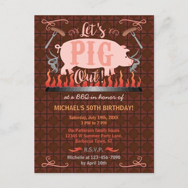Postal De Invitación Barbacoa BBQ Funny Pig Summer Birday Party (Anverso)