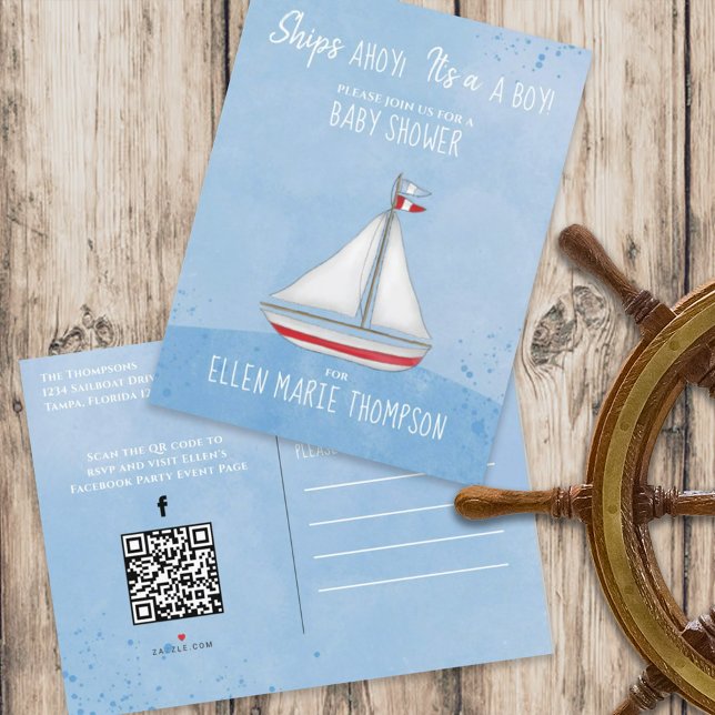 Postal De Invitación Barco de Baby Shower Ahoy Código QR Medios Sociale (Subido por el creador)