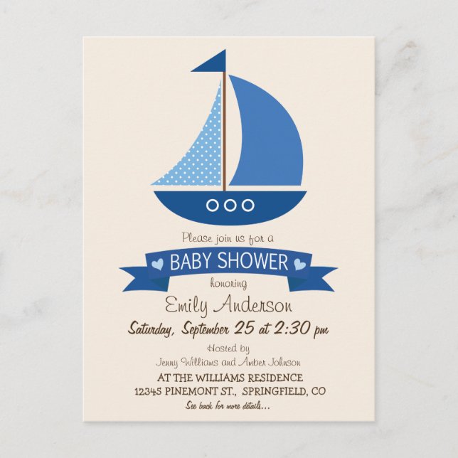 Postal De Invitación Barco de vela azul, Baby Shower náutico (Anverso)