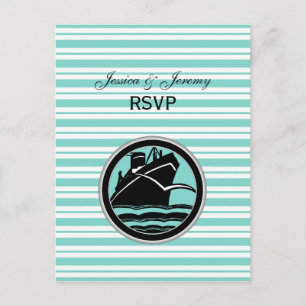 Postal De Invitación Barco Náutico Lt Azul Blanco Raya RSVP 1