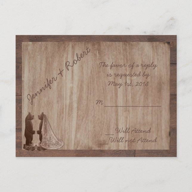 Postal De Invitación Barn Wood Bears Country Wedding RSVP (Anverso)