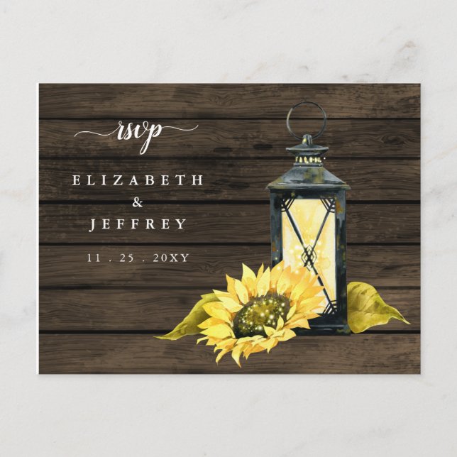 Postal De Invitación Barn Wood String ilumina Sunflowers Lantern RSVP (Anverso)