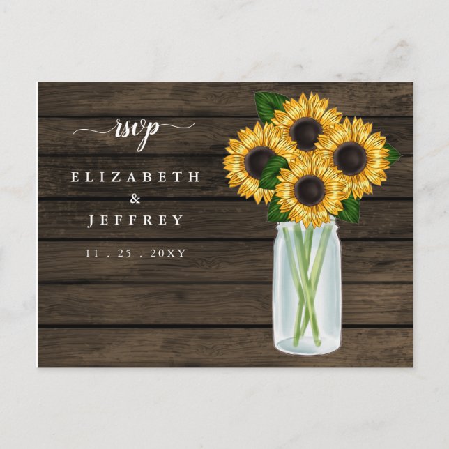 Postal De Invitación Barn Wood String Lights Sunflowers RSVP (Anverso)