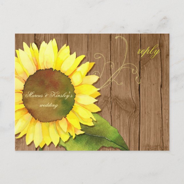 Postal De Invitación Barn Wood Sunflower Fall Wedding RSVP (Anverso)