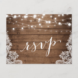 Postal De Invitación Barn Wood Twinkle Luces de la boda rústica RSVP
