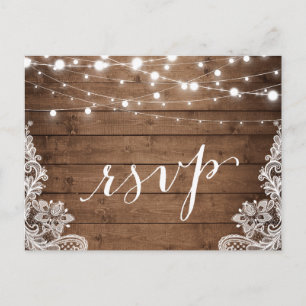 Postal De Invitación Barn Wood Twinkle Luces de la boda rústica RSVP