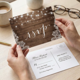 Postal De Invitación Barn Wood Twinkle Luces de la boda rústica RSVP