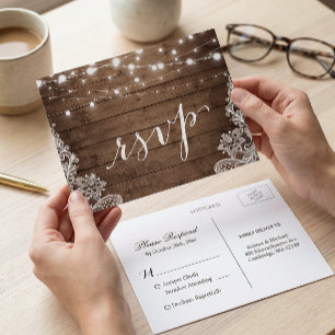 Postal De Invitación Barn Wood Twinkle Luces de la boda rústica RSVP