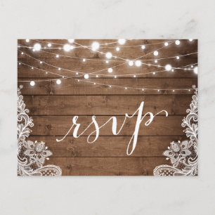 Postal De Invitación Barn Wood Twinkle Luces de la boda rústica RSVP