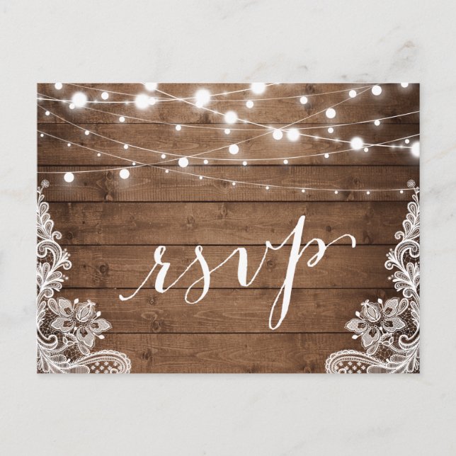 Postal De Invitación Barn Wood Twinkle Luces de la boda rústica RSVP (Anverso)
