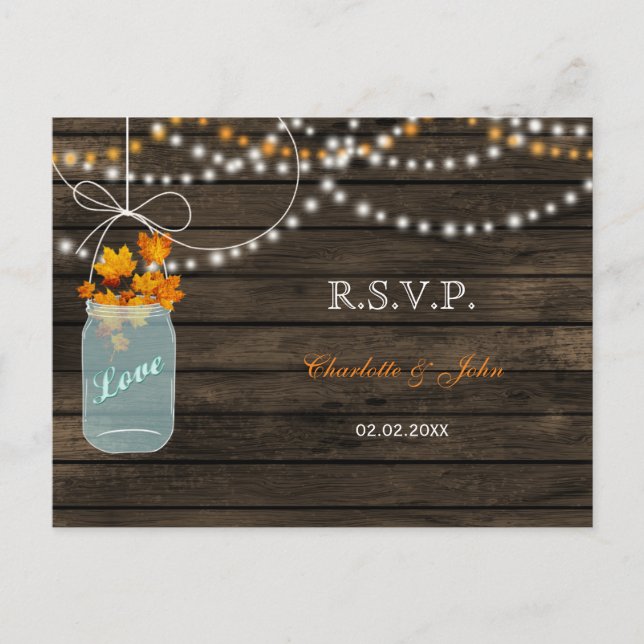 Postal De Invitación Barnwood mason jars fall boda RSVP (Anverso)