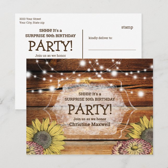 Postal De Invitación Barnwood Rústica Sorpresa Sunflower 50 cumpleaños (Anverso / Reverso)