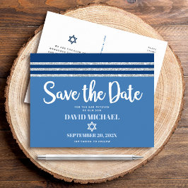 Postal De Invitación Barra Mitzvah Save Date Blue Silver Tallit Script