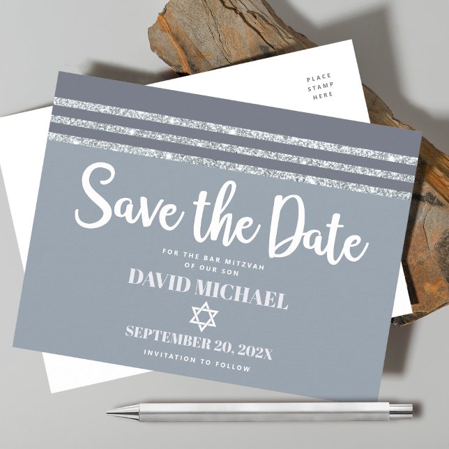 Postal De Invitación Barra Mitzvah Save Date Gray Silver Tallit Script (Subido por el creador)