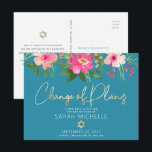 Postal De Invitación Bat Mitzvah Acuarela Floral Escritura Dorada Azul<br><div class="desc">Asegúrate de que todos tus amigos y familiares aún puedan celebrar el cumpleaños de tu hija, un importante Bat Mitzvah, independientemente de las circunstancias imprevistas mundiales actuales. Envía esta elegante tarjeta postal personalizada de "Cambio de planes". Un elegante y deslumbrante diseño floral en rosa y durazno con tipografía de guión...</div>