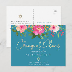 Postal De Invitación Bat Mitzvah Acuarela Floral Escritura Dorada Azul