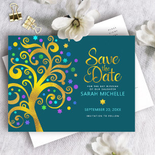 Postal De Invitación Bat Mitzvah Avisa la Fecha Árbol de la Vida Verde 