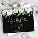 Postal De Invitación Bat Mitzvah Black Gold Script Watercolor Floral<br><div class="desc">¡Asegúrate de que todos tus amigos y parientes puedan celebrar el hito de tu hija Bat Mitzvah! Enviar esta moda, postal personalizada de la invitación "Guardar la fecha". Una moda, impresionante, blanca y dorada purpurina acuarela floral con una tipografía de escritura de Relieve metalizado de oro falsa y tipo san...</div>
