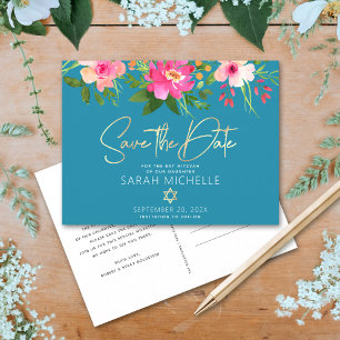 Postal De Invitación Bat Mitzvah Blue Save the Date Floral Watercolor
