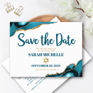 Postal De Invitación Bat Mitzvah Fecha de Guardado Turquesa Ágata Scrip