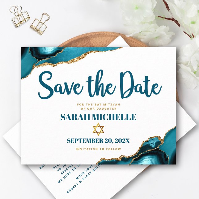 Postal De Invitación Bat Mitzvah Fecha de Guardado Turquesa Ágata Scrip (Subido por el creador)